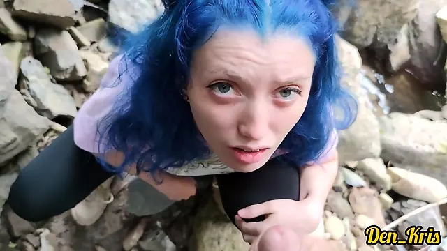 Cute Schoolgirl With Blue Hair Gives Blowjob And Sex To Get Cum On Face