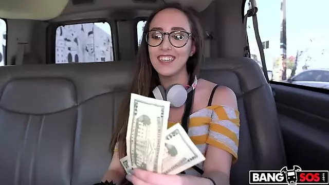 Amateur with glasses gets fucked on BangBus