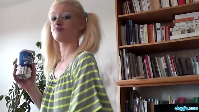 Blonde emo slut with pigtails strips in living room