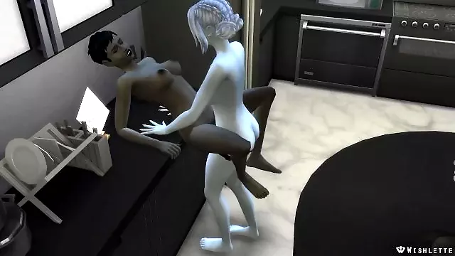 BLANCHE POUNDS HER BLACK GF WITH BIG BLACK DILDO OVER THE COUNTER / SIMS 4