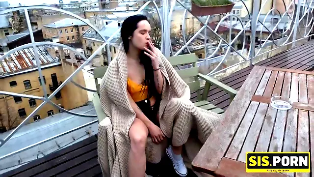Watch this kinky teen try smoking and getting her tight pussy pounded