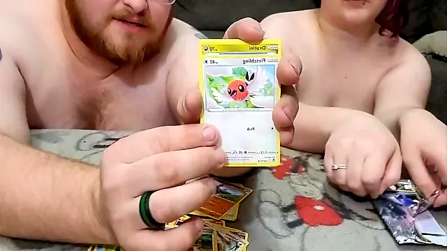 BBW MILF and Hubby open pokemon cards nude.