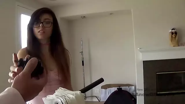 Skinny teen has orgasm with tensed body at audition