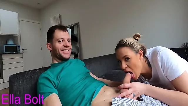 Risky Blowjob On Sofa While Their Friend Cooks. Huge Cum At The End On Ella Bolt Face